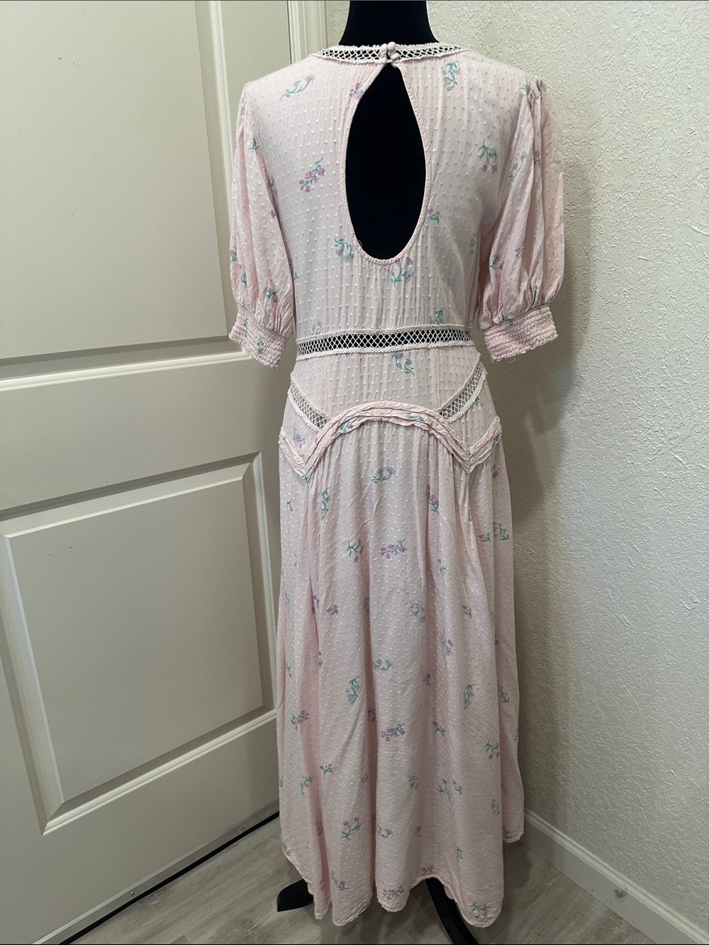 Free People Pale Pink Floral Maxi Dress with Lace Insets - Picture 9 of 13